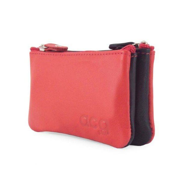 Monedero ACQ · En Piel · Doble compartimento · Dos Cremalleras · Fabricado en España - ROJO/NEGRO/ROJO