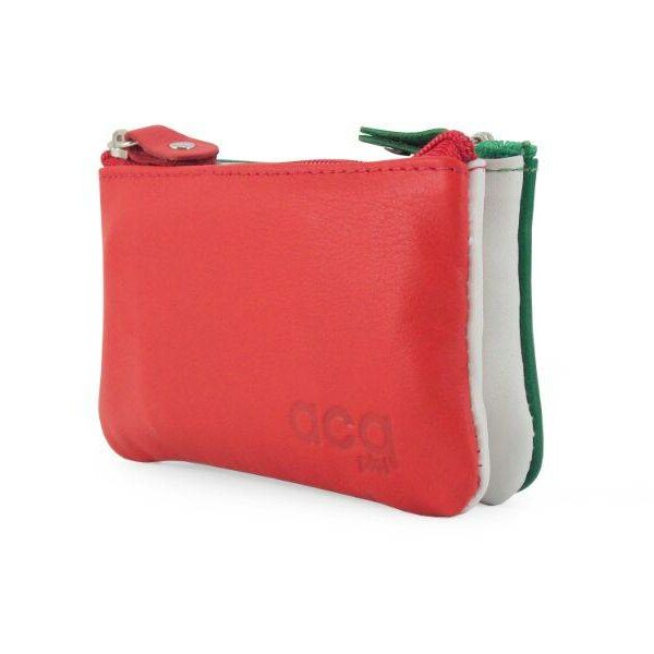 Monedero ACQ · En Piel · Doble compartimento · Dos Cremalleras · Fabricado en España - ROJO/BLANCO/VERDE