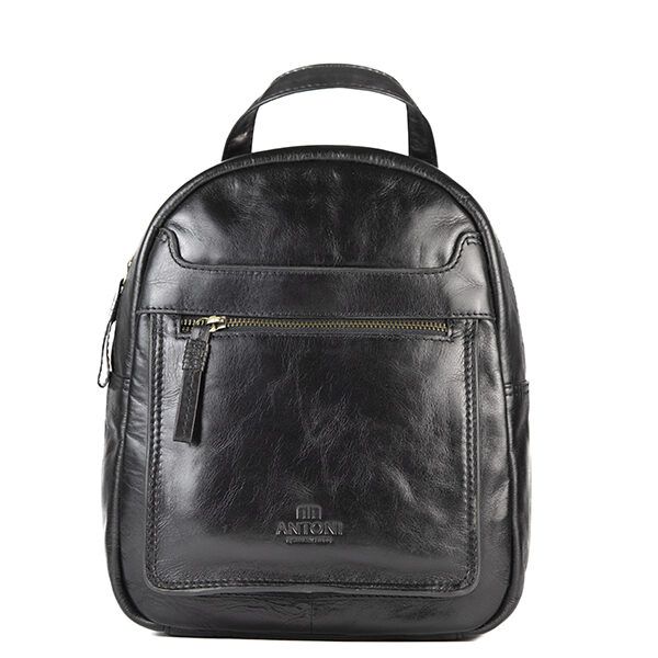 Mochila ANTONI redonda · En Piel Bovino · Color Negro y Cuero - NEGRO