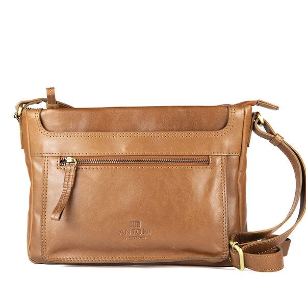Bolso ANTONI · Bandolera mediana · Piel Bovino · Color Cuero y Negro - CUERO