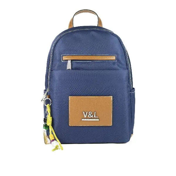 Mochila VICTORIO & LUCCHINO · Color Azul y Cuero · Coleccion Nilo