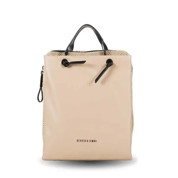 Mochila DEVOTA & LOMBA · Mochila cuadrada · Material PU y Rejilla · Color Negro y Taupe
