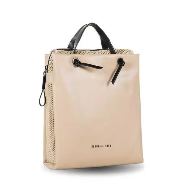 Mochila DEVOTA & LOMBA · Mochila cuadrada · Material PU y Rejilla · Color Negro y Taupe